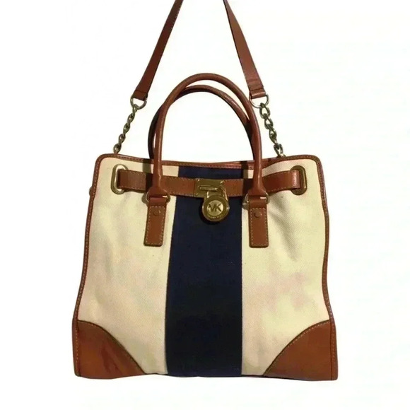 Michael Kors Hamilton beige brown navy blue canvas satchel handbag - Picture 1 of 14